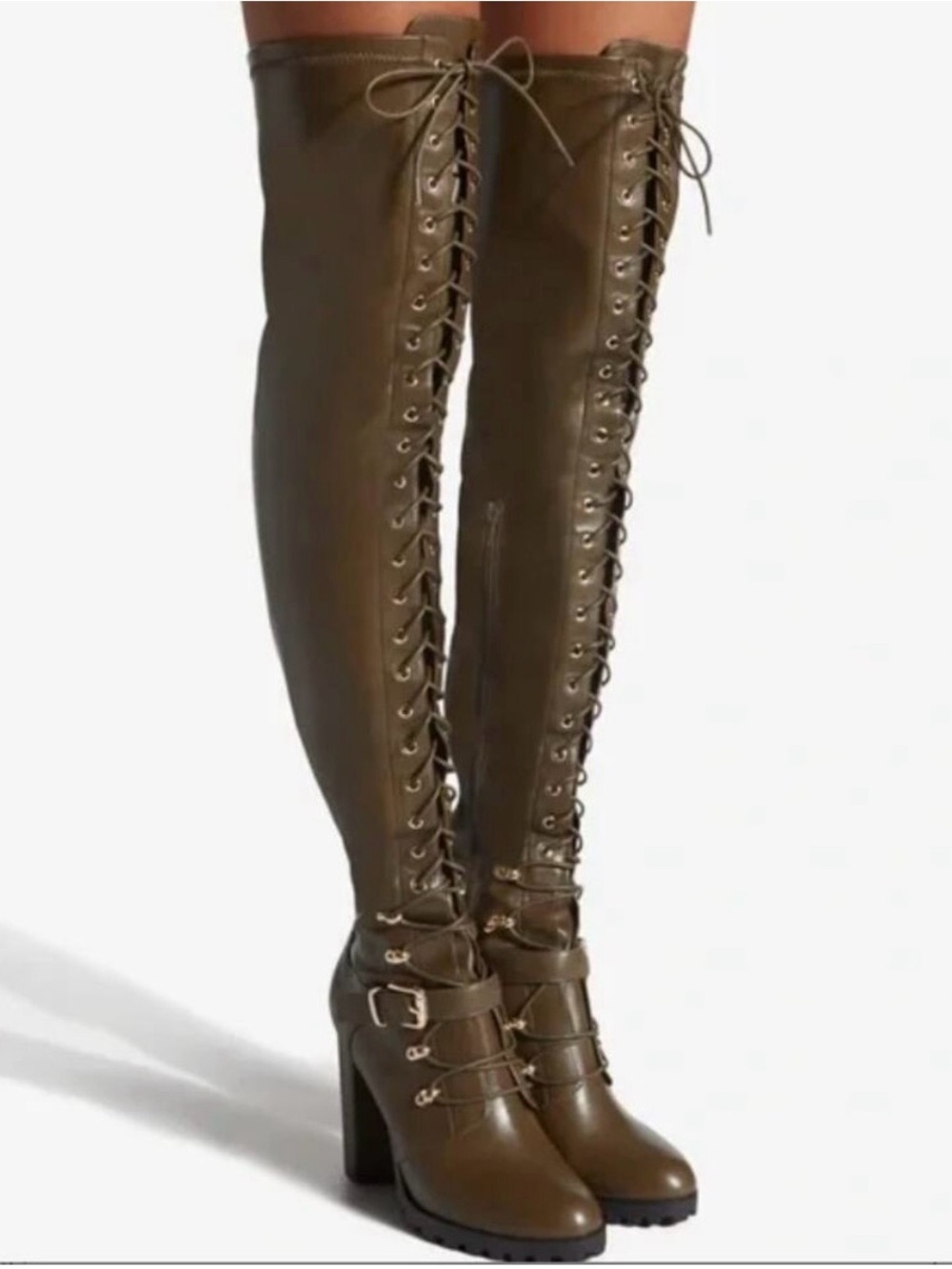 Shoedazzle Women’s Dark Olive Thigh-High Over-the-Knee Lace-Up Buckle Boots